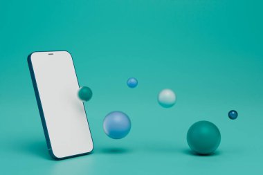 Soyut arkaplan. Türkuaz arka planda farklı boyutlarda uçan bir akıllı telefon. 3 Boyutlu Hazırlama.