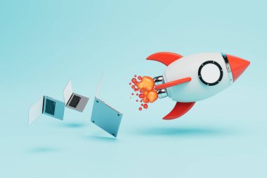 İnternet teknolojilerinin hızlı gelişimi. Mavi arka planda dizüstü bilgisayarlar olan bir roket kalkıyor. 3 Boyutlu Hazırlama.