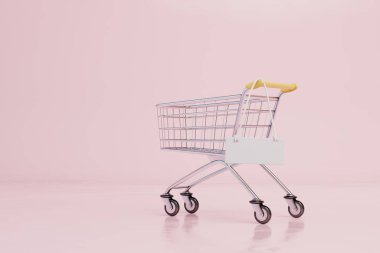Süpermarkette alışveriş yapma fikri. Bir yemek arabası ve üzerinde boş bir tabela. kopyala yapıştır, kopyala alanı. 3 Boyutlu Hazırlama.