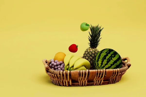 Concetto Dieta Base Frutta Sacco Frutti Diversi Cesto Vimini Uno — Foto Stock