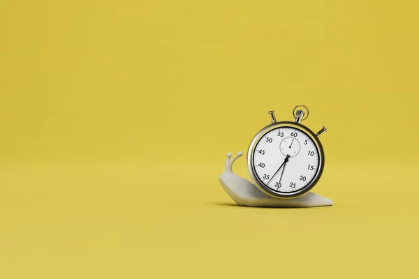 Slow task completion. a snail with a stopwatch on a yellow background. copy paste, copy space. 3D render.