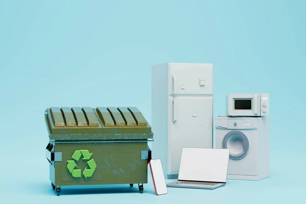 결함있는 가전제품을 재활용 컨테이너와 가전제품을 파란색 배경으로 재활용 렌더링 — 스톡 사진