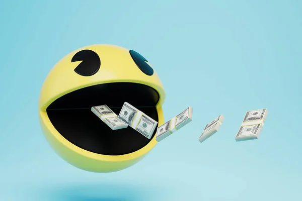Yellow Emoji Open Mouth Computer Game Swallows Wads Dollars Render — Stock Photo, Image