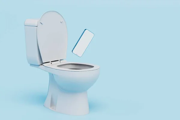 Otevřený Záchod Modrém Pozadí Kterého Smartphone Letí Kopírovat Kopírovat Mezeru — Stock fotografie