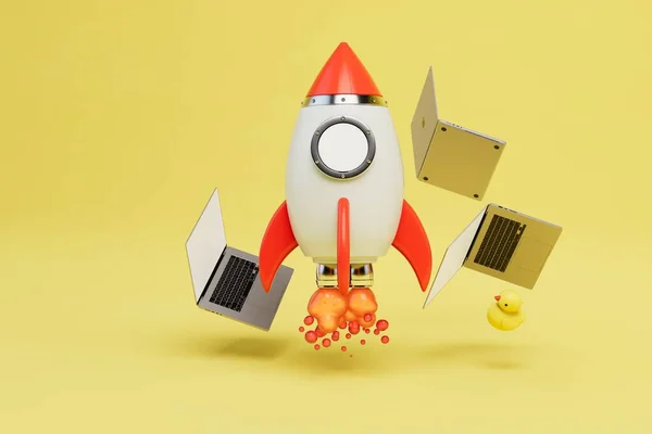 rapid development of Internet technologies. a rocket taking off around which laptops on a yellow background. 3D render.