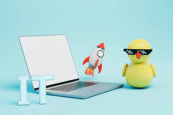 start of work in IT. it inscription, laptop, rocket and rubber duck in black glasses on a blue background. 3D render.