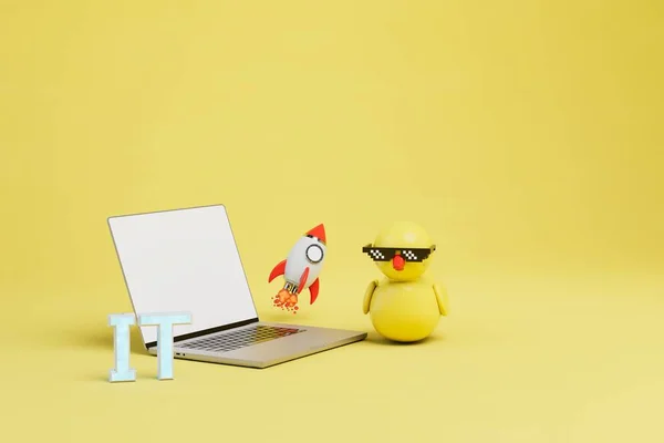 start of work in IT. it inscription, laptop, rocket and rubber duck in black glasses on a yellow background. 3D render.