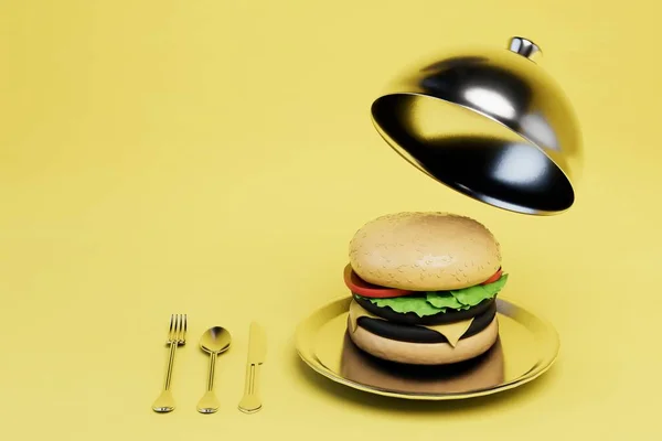 Restaurant Serving Fast Food Burger Plate Raised Lamb Next Cutlery — Stock Photo, Image