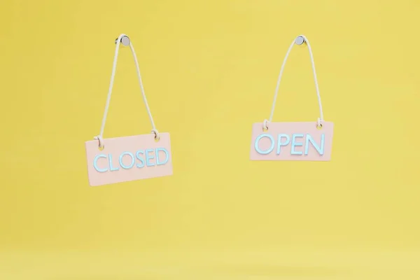 Signs Inscriptions Open Closed Yellow Background Render — Stock Photo, Image