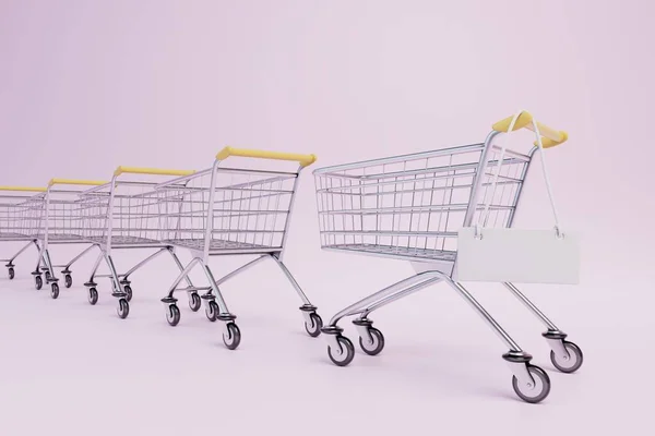several trolleys for products with a blank plate on a pastel background. copy paste, copy space. 3D render.