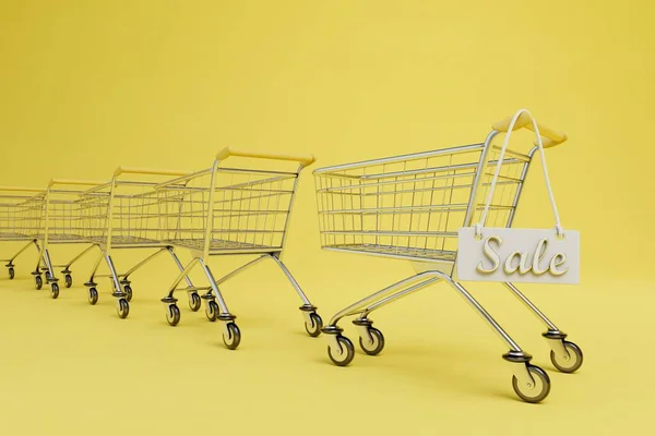 sale in the supermarket. trolleys for products on a yellow background and a sign with the inscription sale. 3D render.
