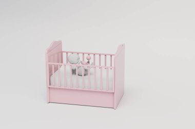 Çıngıraklı beşikte bir bebek ve pastel arka planda bir şişe süt. 3 Boyutlu Hazırlama.
