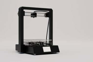 3 boyutlu bir yazıcıda nesneler modelleme kavramı. Beyaz arka planda 3D yazıcı siyahı. 3 Boyutlu Hazırlama.