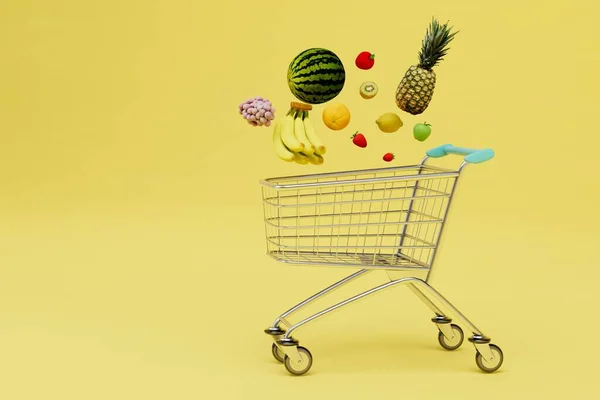 buying fruit in the supermarket. a trolley for products over which there is a lot of fruit. copy paste. 3D render.