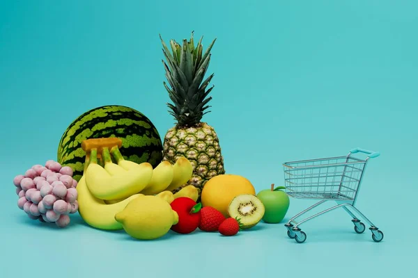 Comprar Fruta Supermercado Grande Número Frutas Perto Carrinho Comida Renderização — Fotografia de Stock