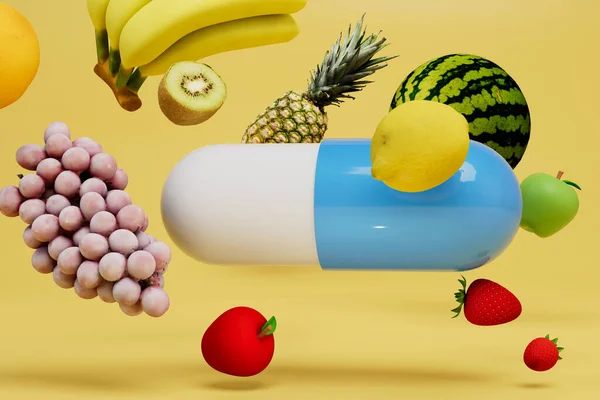 the concept of taking a vitamin complex. a medical capsule around which fruits on a yellow background. 3D render.