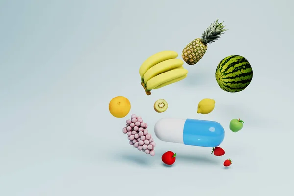 concept of vitamin therapy. a medical capsule around which different fruits on a white background. copy paste. 3D render.