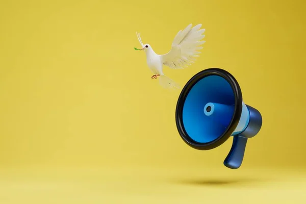 평화의 시작을 알리는 확성기와 평화의 비둘기 복사붙여 렌더링 — 스톡 사진