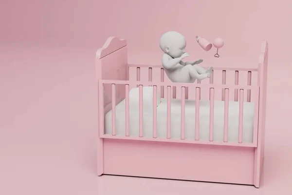 Bebê Berço Com Chocalho Uma Garrafa Leite Fundo Rosa Copiar — Fotografia de Stock