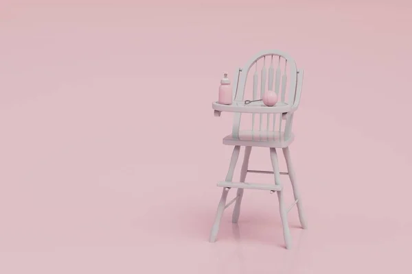 Een Witte Kinderstoel Met Een Flesje Melk Een Speeltje Een — Stockfoto