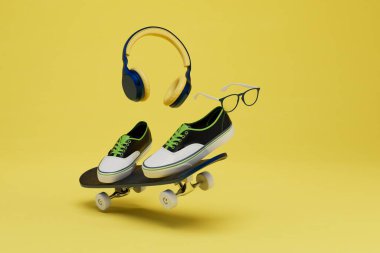 aktif yaşam tarzı. Kaykaylı snickers, kulaklık ve sarı arka planda gözlük. 3 Boyutlu Hazırlama.