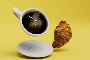 Kahve molası. Çalar saat şeklinde bir fincan kahve ve sarı arka planda bir kruvasan. 3 Boyutlu Hazırlama.