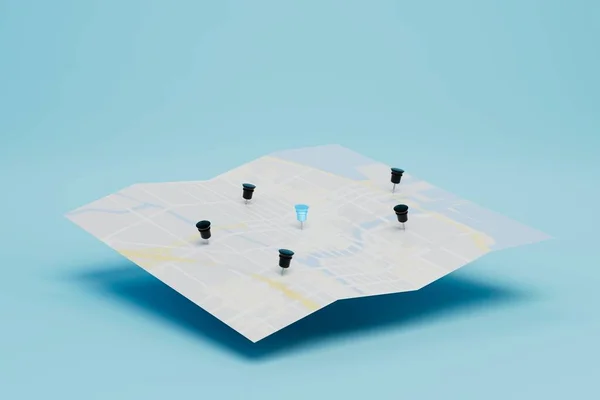 Destination points marked on the map. map with buttons on a blue background. 3D render.