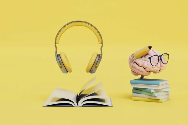 Audiolibros Educativos Auriculares Cerebro Libros Sobre Fondo Amarillo Renderizado — Foto de Stock