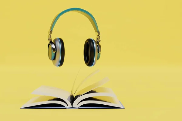 the concept of listening to audiobooks. headphones and an open book on a yellow background. 3D render.