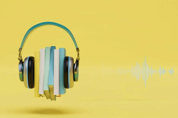 Escuchar Audiolibros Auriculares Auriculares Libros Pista Sobre Fondo Amarillo Renderizado —  Fotos de Stock