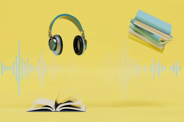 Concepto Formación Audiolibros Auriculares Libros Abiertos Pista Sobre Fondo Amarillo —  Fotos de Stock