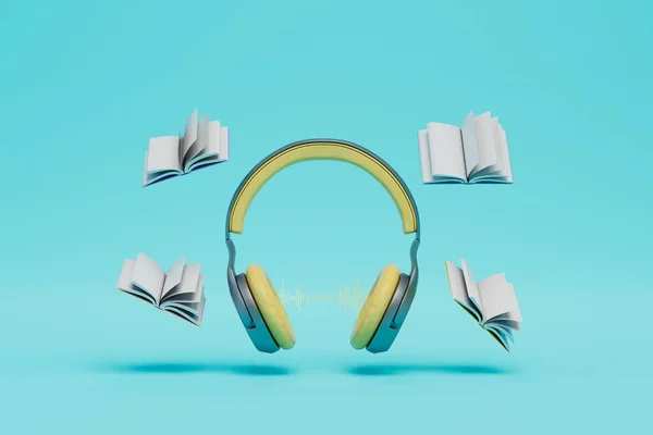 オーディオブックを聴くのが大好きです ヘッドフォンと本が青い背景を飛んでいます 3Dレンダリング — ストック写真