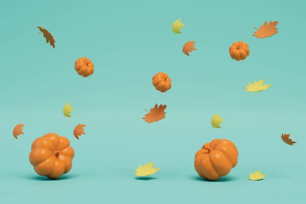 pumpkin season. pumpkins and leaves flying on a turquoise background. 3D render.