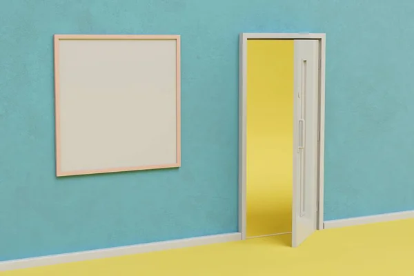 Открытая Желтая Дверь Фоне Бирюзовой Стены Которой Находится Рамка Изображения — стоковое фото