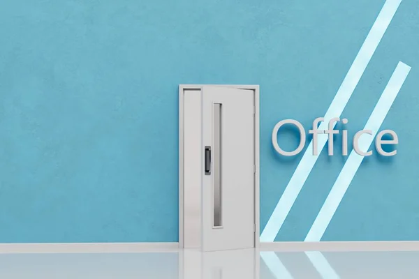 an open white door to the office and the inscription office against the background of a blue wall. 3D render.
