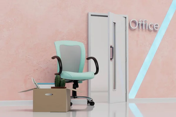やめる という概念です その背後にあるオープンオフィスのドアは椅子とパステルカラーの背景にあるものの箱です 3Dレンダリング — ストック写真