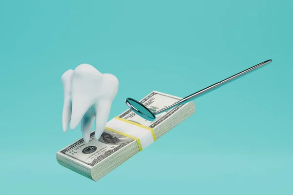 Expensive Dental Services Tooth Dental Speculum Wad Dollars Blue Background — Stock Photo, Image