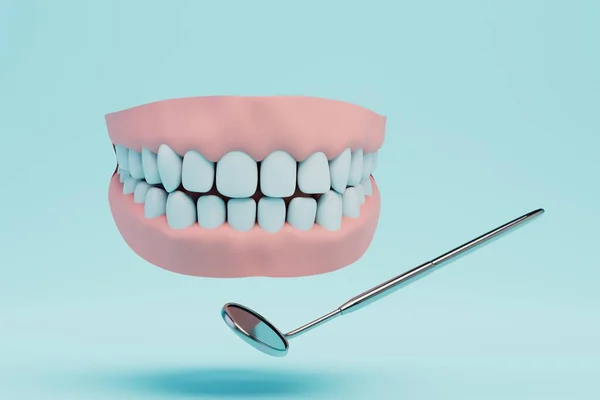 Untersuchung Der Mundhöhle Ein Kiefermodell Und Ein Zahnspiegel Auf Blauem — Stockfoto