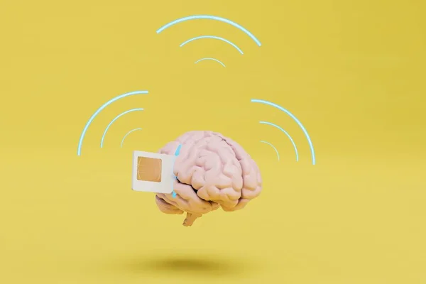 distribution of a Wi-Fi signal through a SIM card. brain with inserted SIM card and Wi-Fi icons. 3D render.