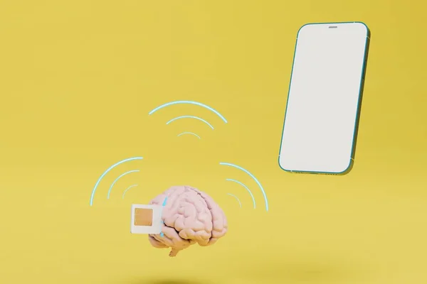 distribution of Wi-Fi signal via mobile Internet. brain with SIM card, smartphone and Wi-Fi icons. 3D render.