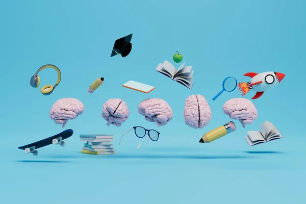 the concept of education. brains, headphones, glasses, books, master\'s hat, skate on a blue background. 3D render.