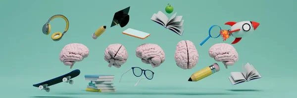 the concept of education. brains, headphones, glasses, books, master\'s hat, skate on a turquoise background. 3D render.