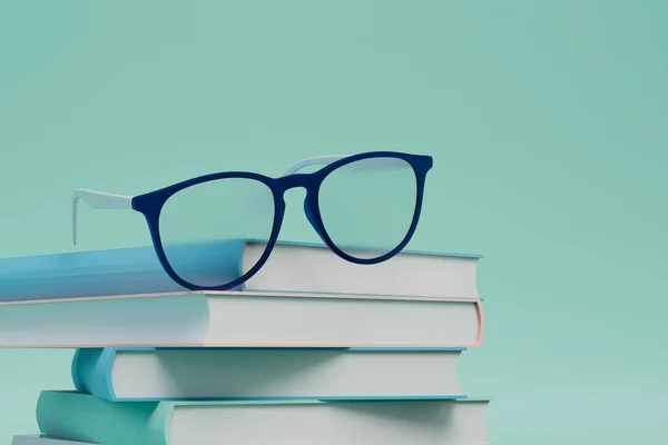 Het Concept Onderwijs Leesboeken Boeken Met Een Bril Een Turquoise — Stockfoto
