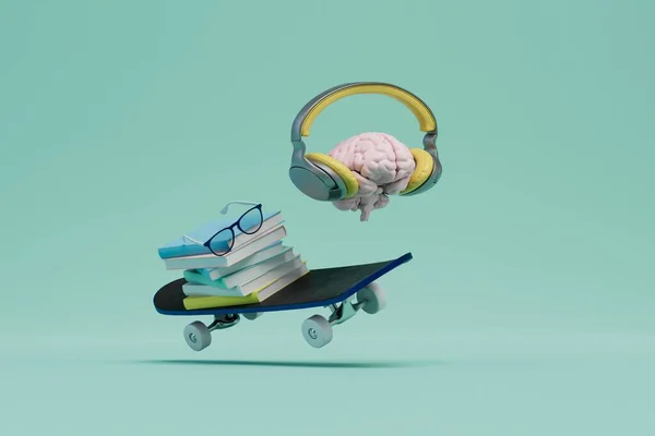 Современная Концепция Обучения Мозг Наушниках Книгах Очках Скейтборде Бирюзовом Фоне — стоковое фото