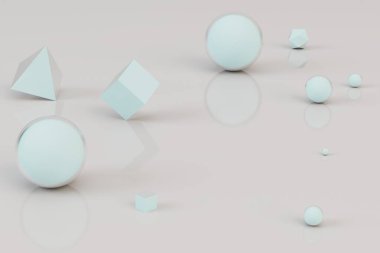 Kürelerin, küplerin ve üçgenlerin ayrıldığı pastel arka plan. 3 Boyutlu Hazırlama.