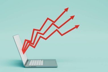 İnternetteki kazanç artışı. Gelir okları ve dizüstü bilgisayarlara bakıyorum. 3 Boyutlu Hazırlama.