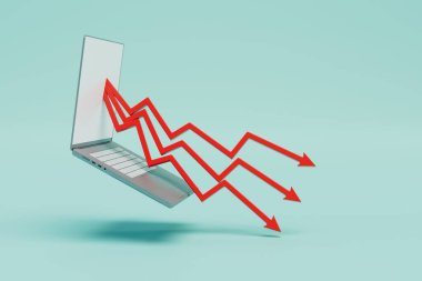 Online kazanç seviyesinde düşüş. Dizüstü bilgisayardan çıkan oklar ve aşağı bakan oklar. 3 Boyutlu Hazırlama.