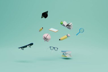 Eğitim konsepti. Beyin, kulaklıklar, gözlükler, kitaplar, usta şapkası, mavi arka planda kaykay. 3 Boyutlu Hazırlama.