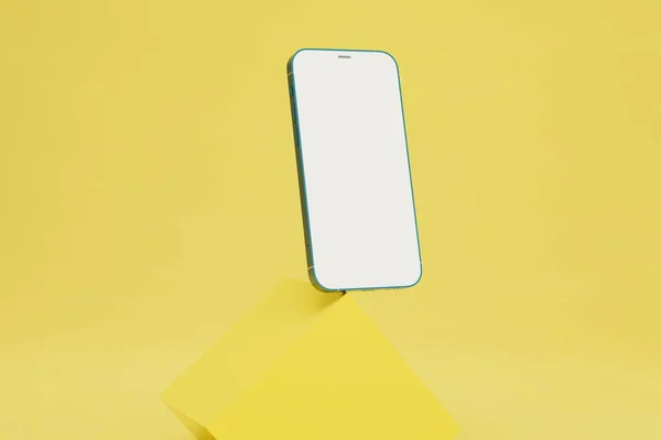 Presentation Smartphone Smartphone Balancing Yellow Cube Yellow Background Copy Paste — Stock Photo, Image