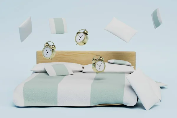 the concept of good morning. alarm clocks on the bed and pillows flying on the white background. 3D render.